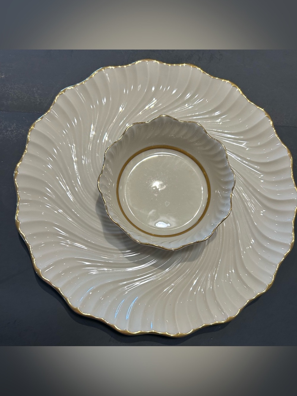 Lenox Chip & Dip Bowl Richmond Collection Swirl Pattern Gold Trim DISCONTINUED